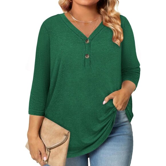 Tops - Plus Size Women's Blouses 3/4 Sleeve Button Down Tunics Casual Loose Tops